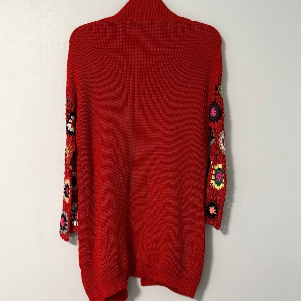 Blakeley Red Crochet Granny Square Sleeve Open Front Cardigan Sweater OS Womens - Picture 8 of 16